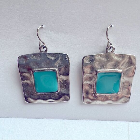 Silver Tone Pierced Earrings with Turquoise Colored Stone - Picture 4 of 10